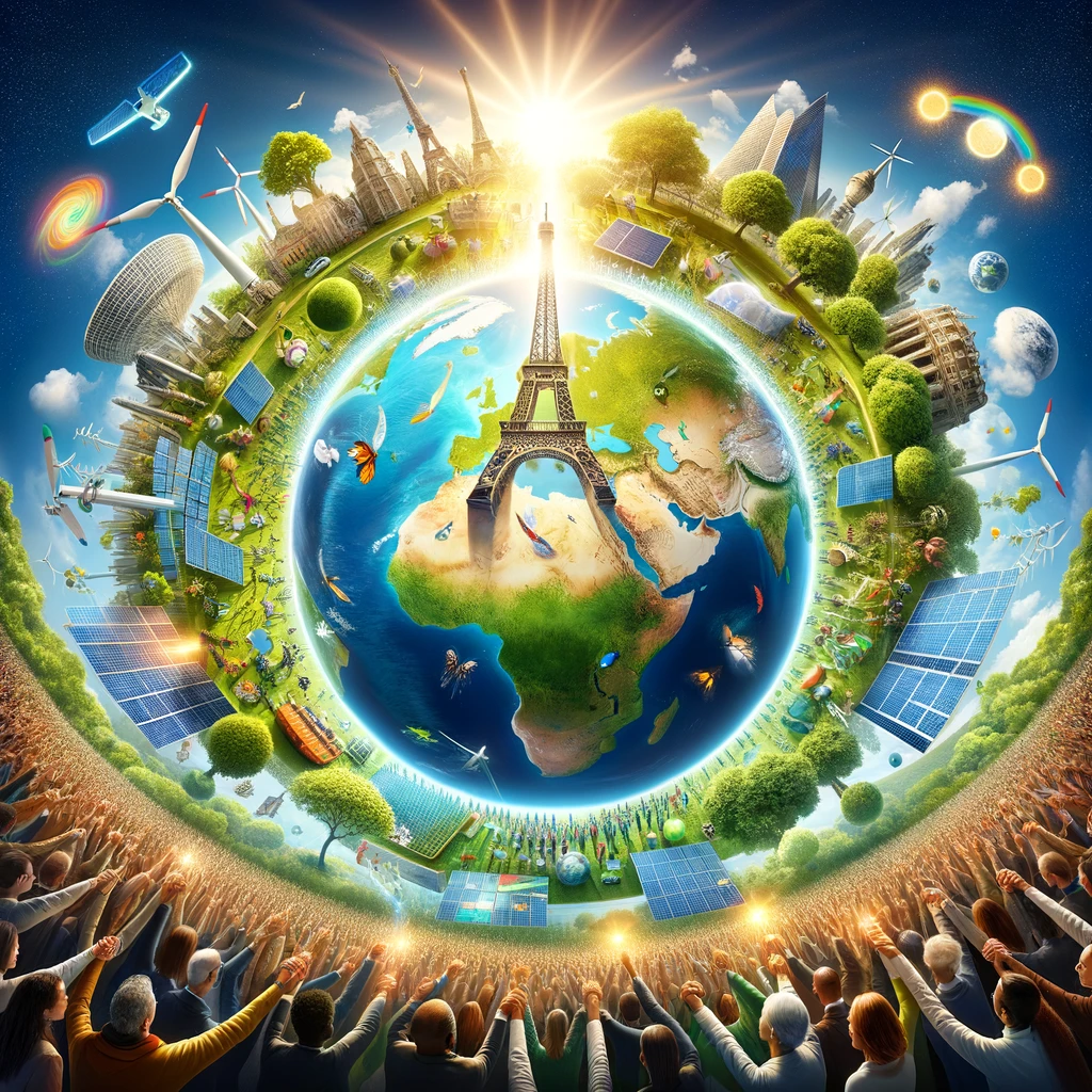  Questa immagine rappresenta la cooperazione globale e l'impegno condiviso per limitare l'aumento della temperatura, simboleggiato dalla Terra verde e sana, circondata da figure umane unite e dalla Torre Eiffel.