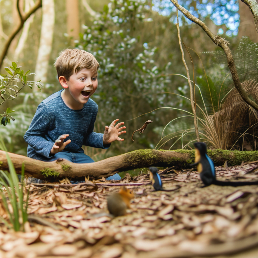 Un bambino che ammira la biodiversità dell'ambiente che lo circonda. Si trova in un bosco e si diverte con le creature che lo circondano