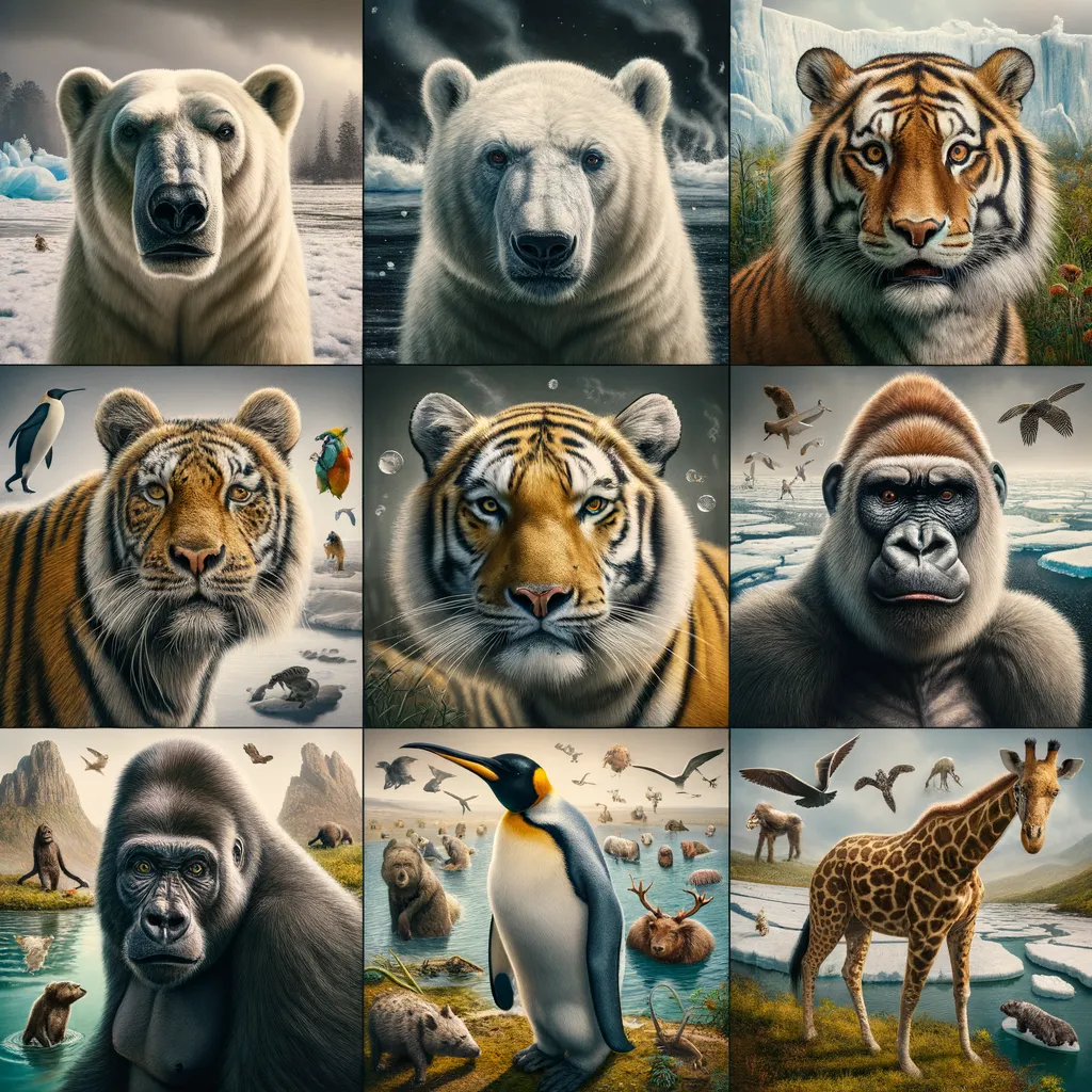 Immagine rappresentante sette specie animali a rischio estinzione causate dal riscaldamento globale.