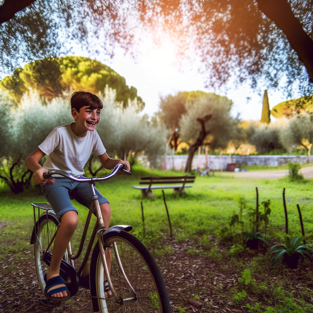 Un ragazzo va in bici, pedala in un ambiente circondato da alberi e natura