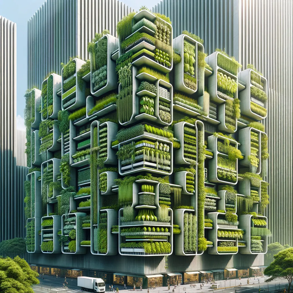 Agricoltura verticale in una metropoli moderna, simbolo di sostenibilità e innovazione.