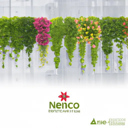 Agricoltura verticale in città con piante verdi rigogliose e grattacieli sullo sfondo.