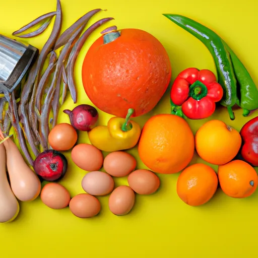 Illustrazione sull'alimentazione sostenibile con frutta e verdura colorate su uno sfondo verde.