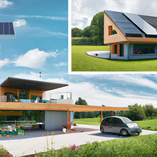 Casa sostenibile con pannelli solari sul tetto e giardino verde.