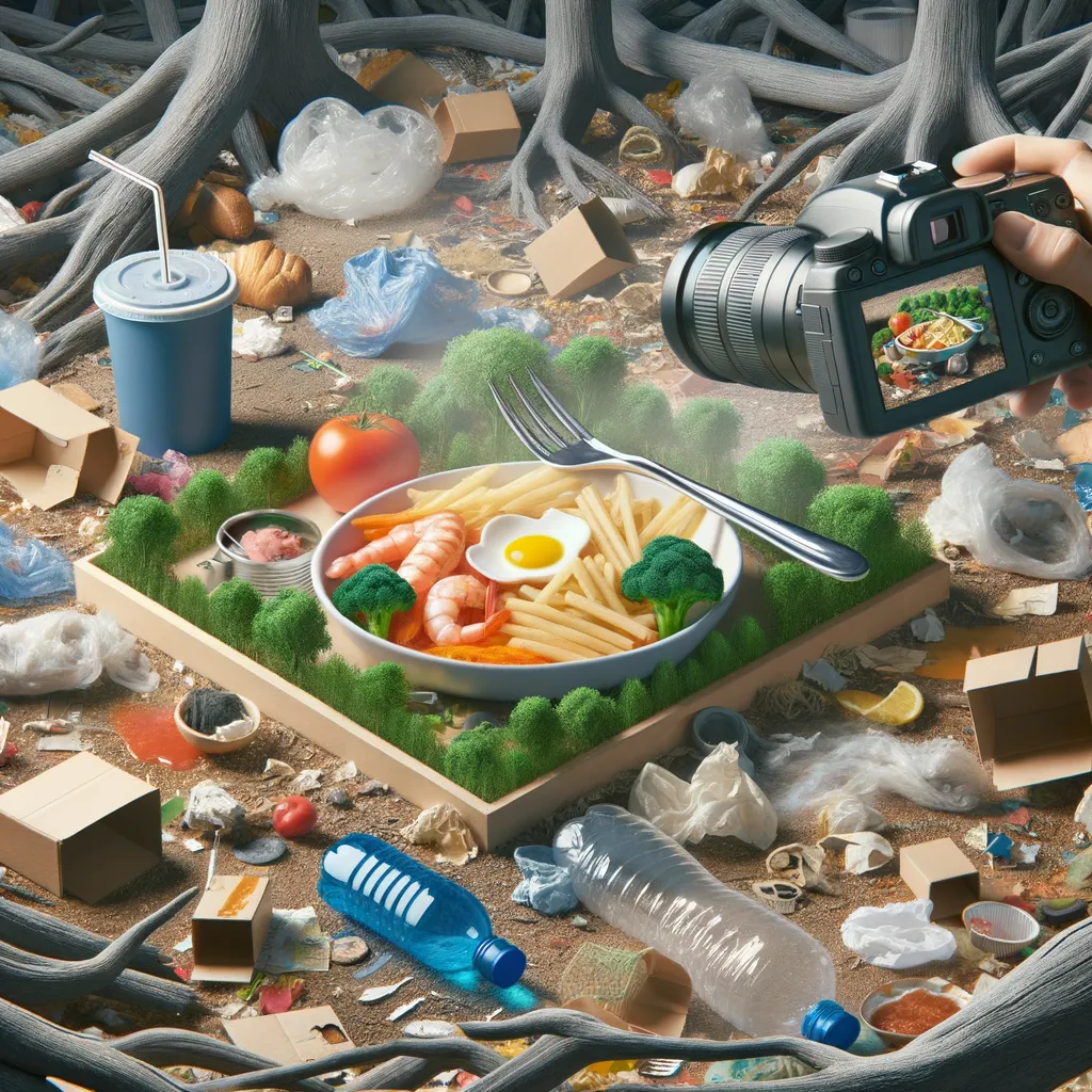 Illustrazione di cibo e ambiente con una tavola imbandita su uno sfondo naturale.
