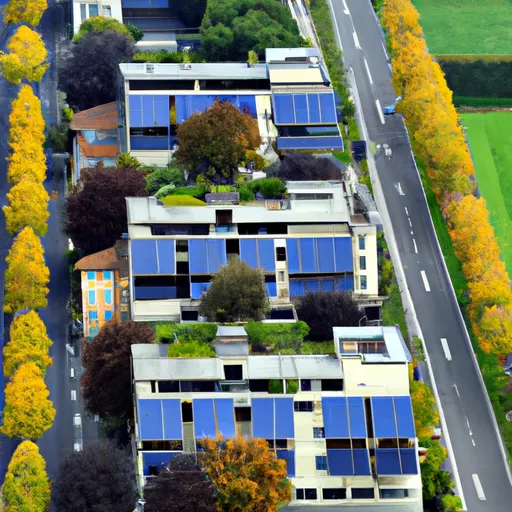 Vista aerea di una città green con parchi, pannelli solari e edifici sostenibili.