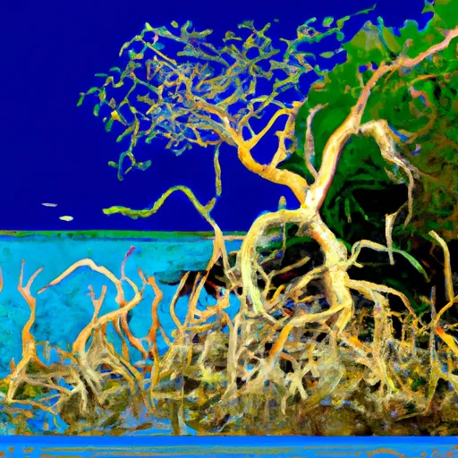 Foresta mangrovia con radici aeree e acqua circostante.