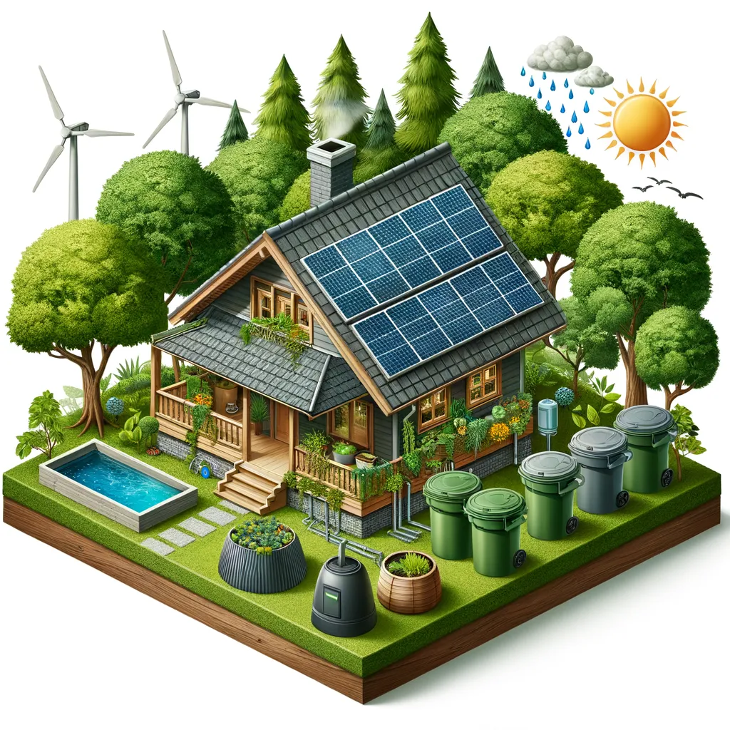 Ecocasa con pannelli solari sul tetto e giardino verde all'esterno.