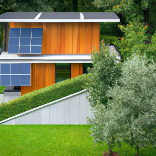 Ecocasa con pannelli solari sul tetto e giardino verde circostante.