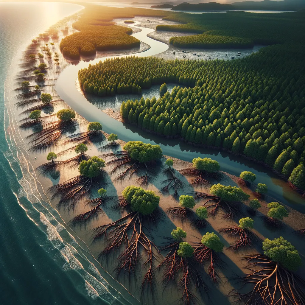 Foreste di mangrovie che fungono da barriere naturali contro catastrofi climatiche e erosione costiera.