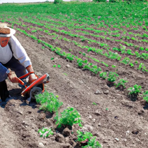 Piccolo agricoltore lavora in un campo verde con tecnologie di agricoltura Sostenibile.