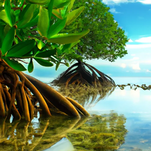 Mangrovie che assorbono CO2 dall'atmosfera e promuovono la biodiversità marina.