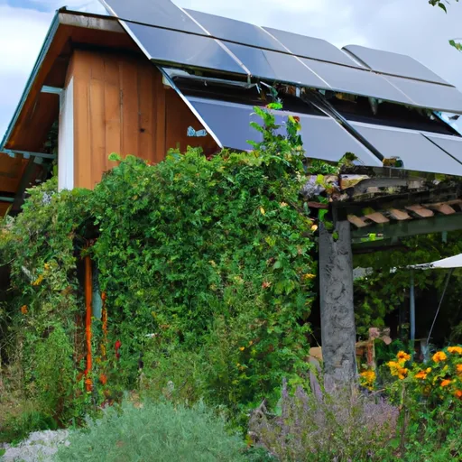 Casa trasformata in un'oasi ecologica con giardino rigoglioso e pannelli solari sul tetto.