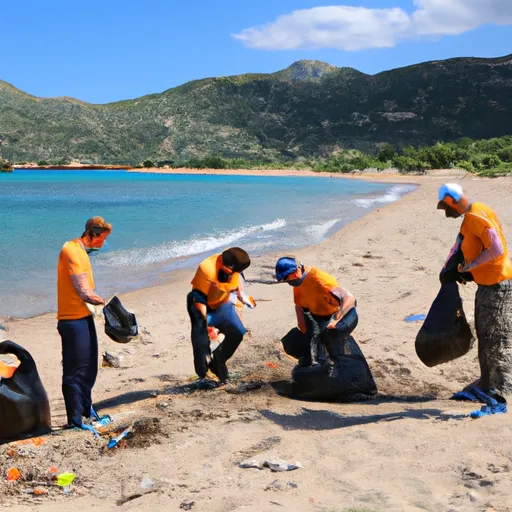 Spiaggia protetta con ombrelloni e lettini, mare cristallino e cielo sereno.