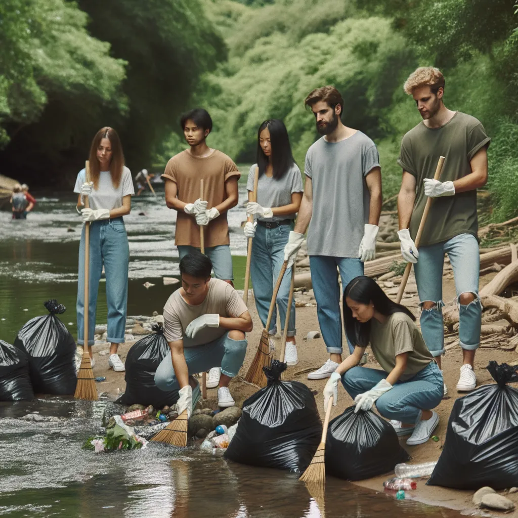 Volontari impegnati nella pulizia di un fiume locale, con sacchi della spazzatura e attrezzature per la raccolta dei rifiuti.