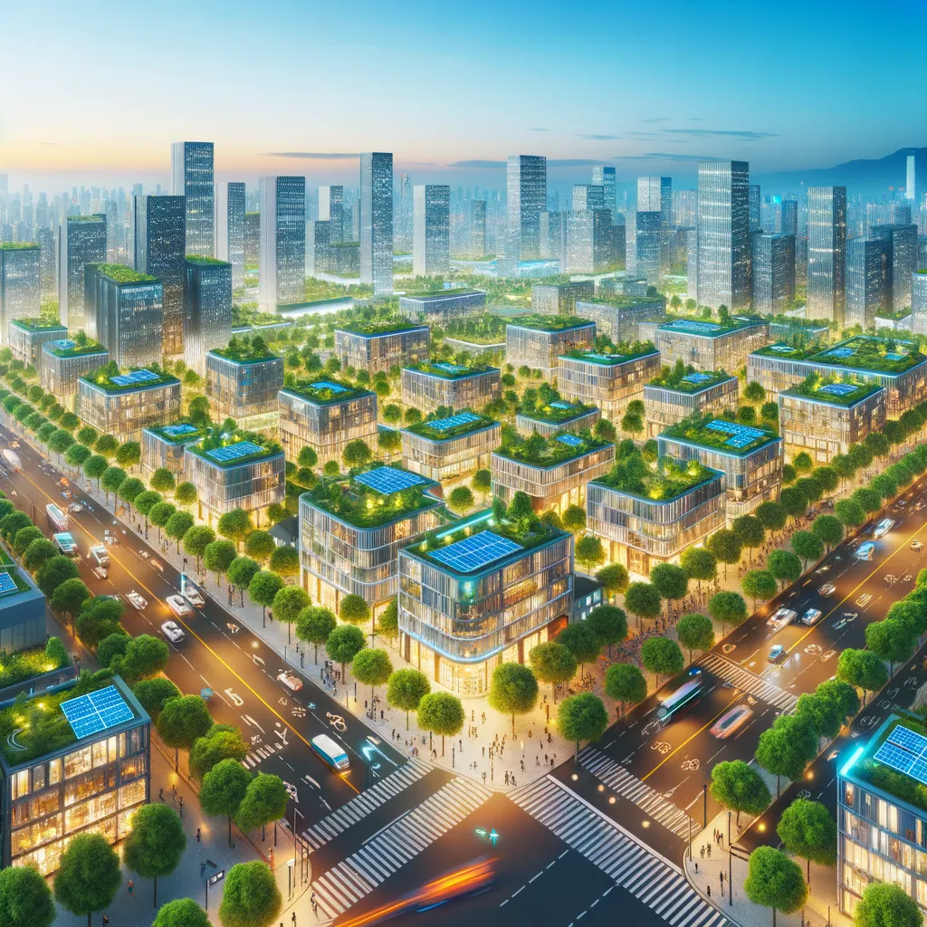 Illustrazione di una città intelligente con tecnologie green e efficienti.