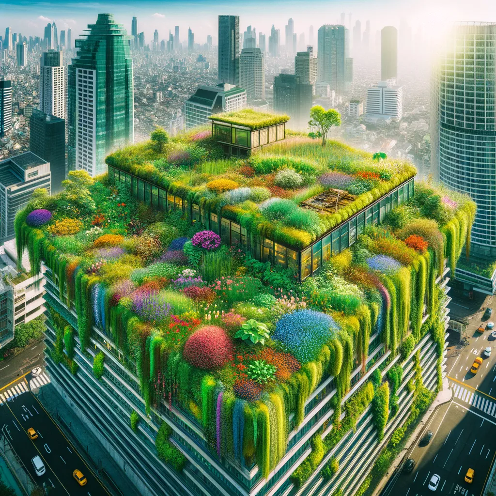 Tetti verdi con piante e fiori in fiore su edifici urbani.