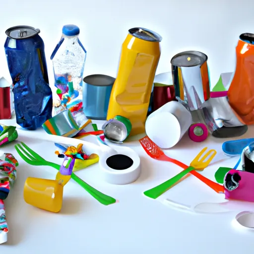 Guida alla vita senza plastica con simbolo di riciclo e oggetti eco-friendly.